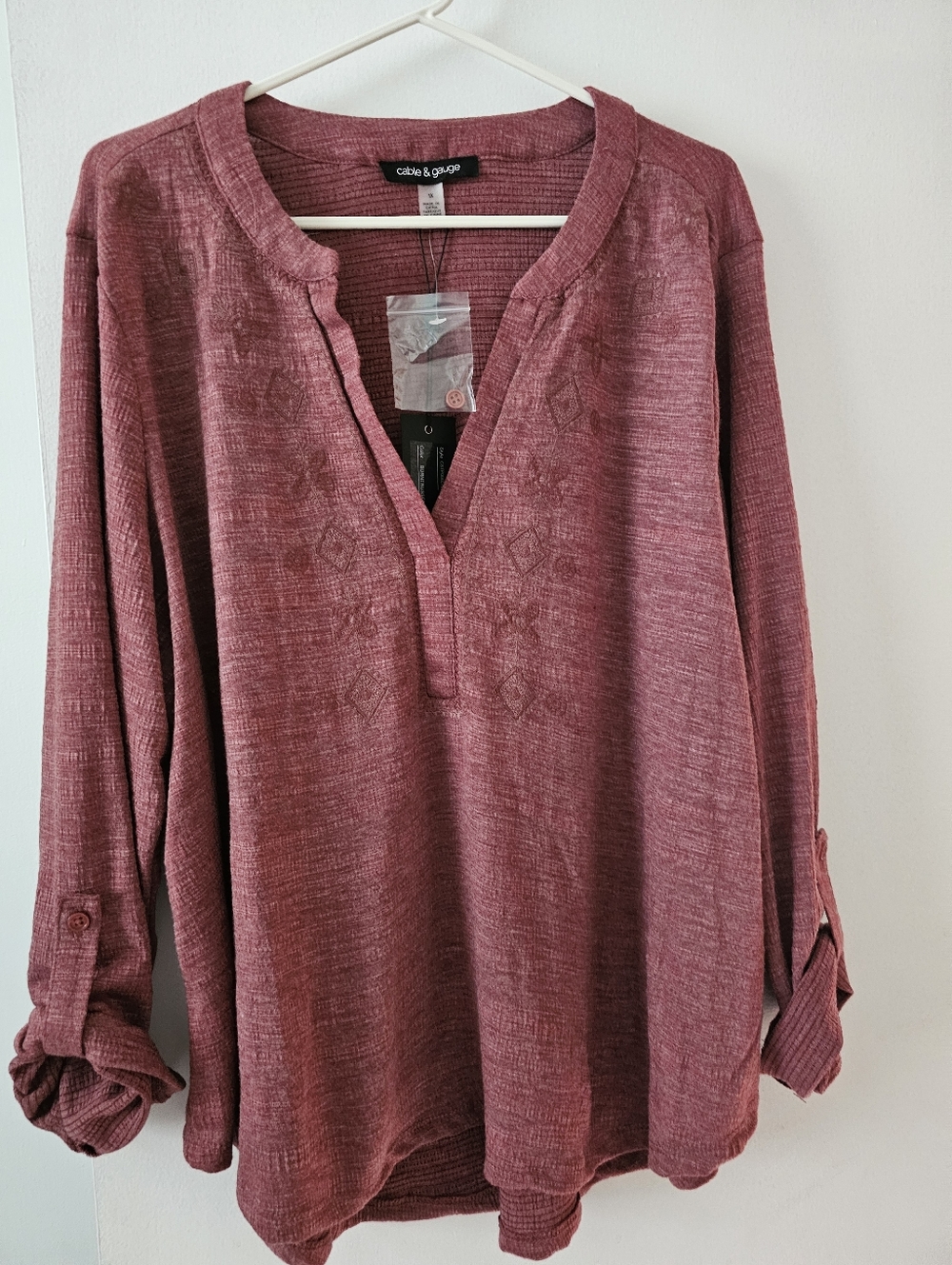 Cable & Gauge Women's Long Sleeve V-Neck Tunic Top - Dusty Rose XL New
